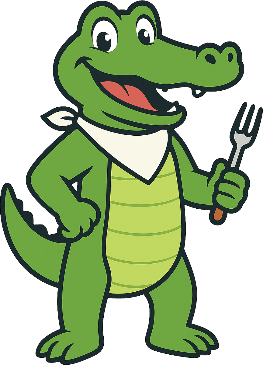 A friendly, green cartoon alligator stands upright, wearing a white bandana, and holding a silver fork while smiling with its mouth open.