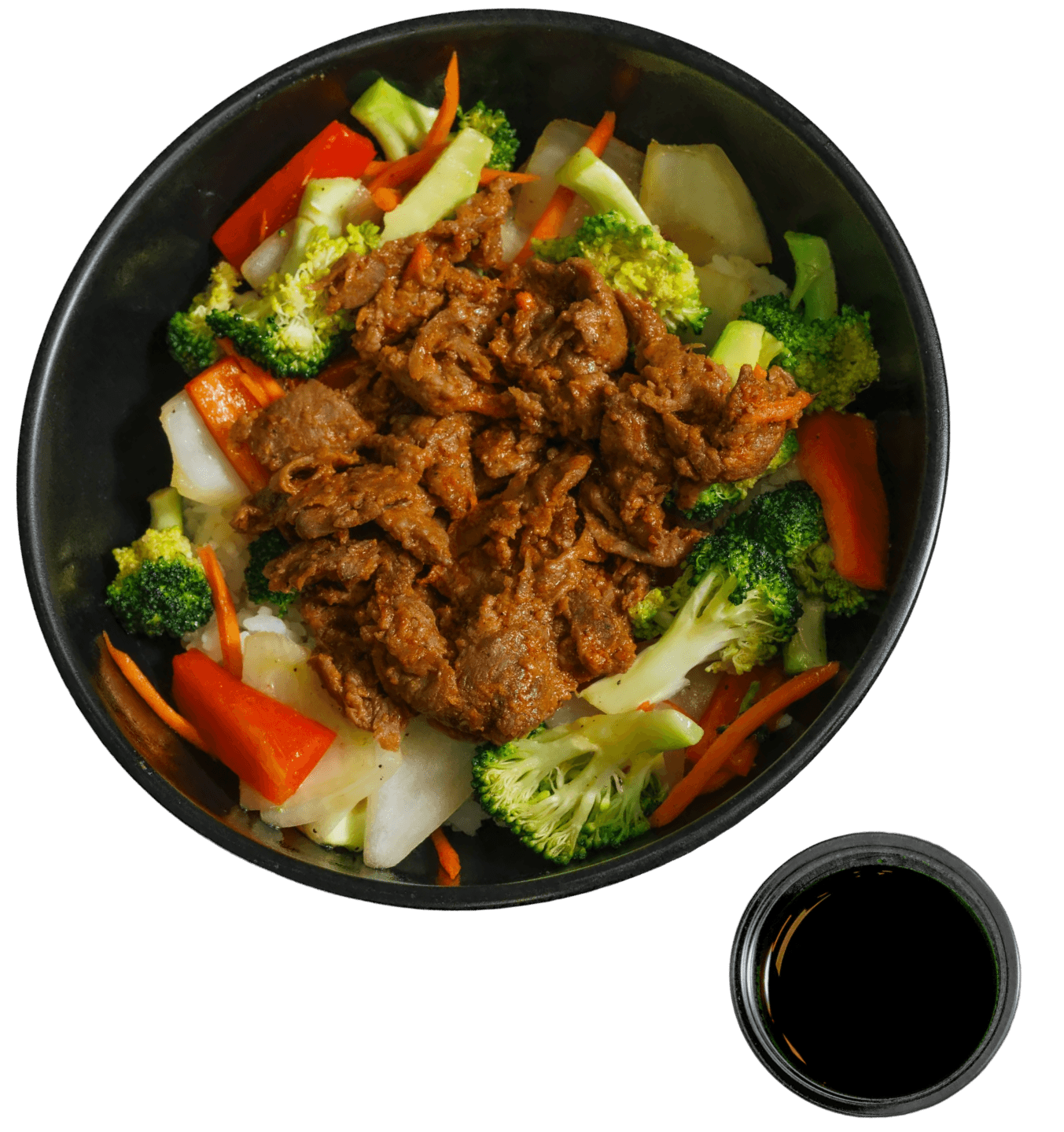 Black bowl of bulgogi beef, rice, and stir-fried vegetables including broccoli, carrots, red peppers, and cabbage, with a side of dark sauce.