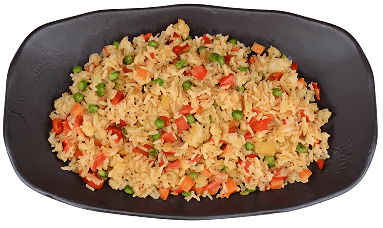 Colorful fried rice with peas, diced red peppers, carrots, and pineapple chunks on a black rectangular plate.
