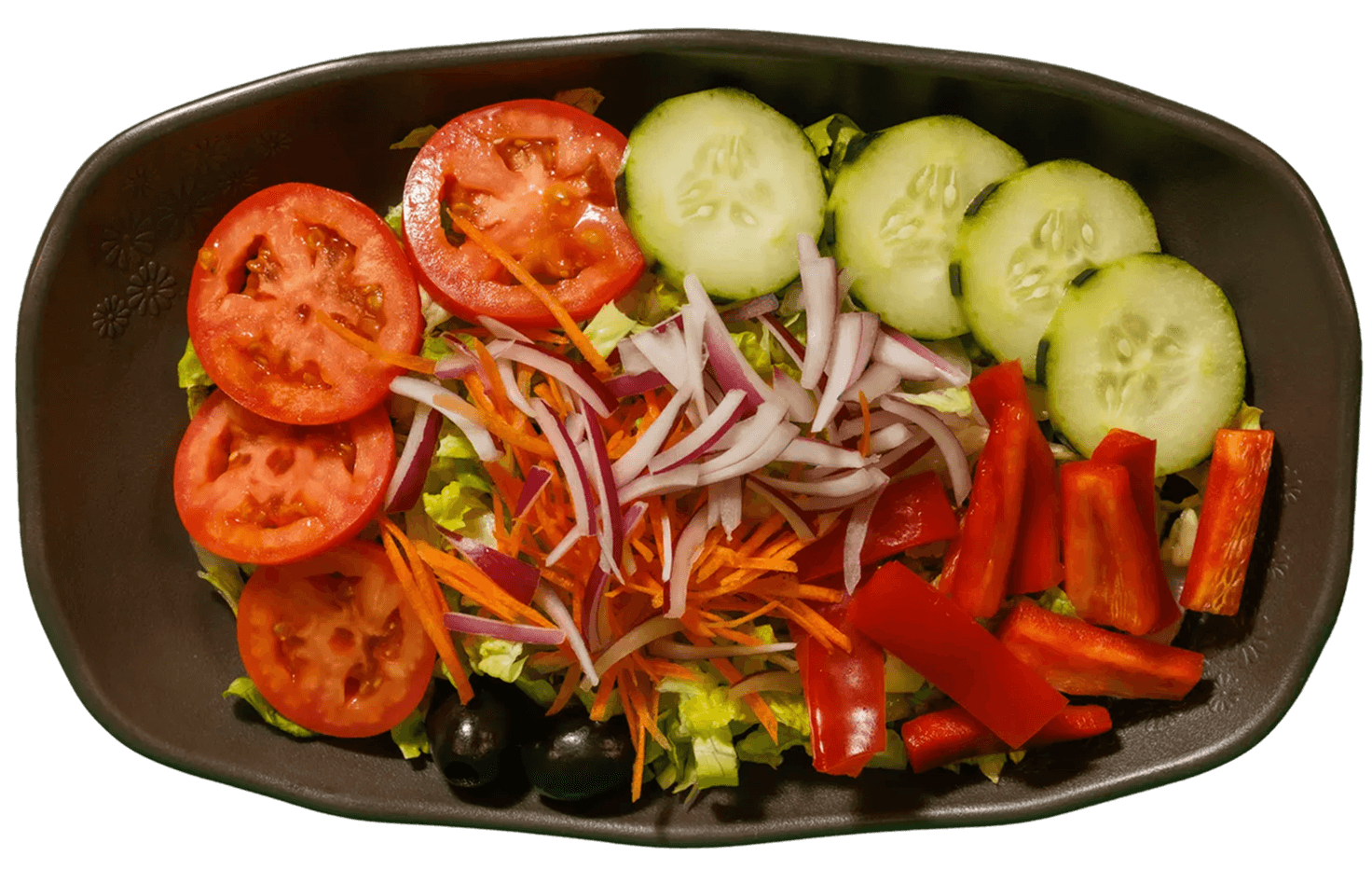 A fresh house salad in a dark brown bowl, featuring sliced tomatoes, cucumbers, shredded lettuce and carrots, red onions, red bell pepper strips, and black olives.