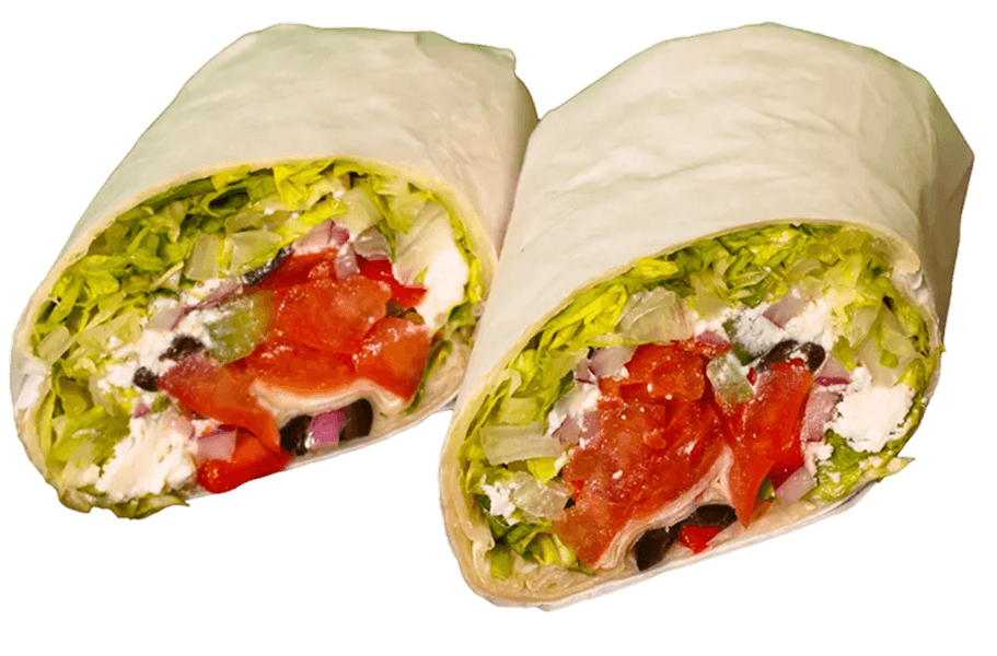Two colorful wraps, cut in half, revealing a generous filling of green lettuce, diced red tomatoes, white feta cheese, red onion, and black olives.