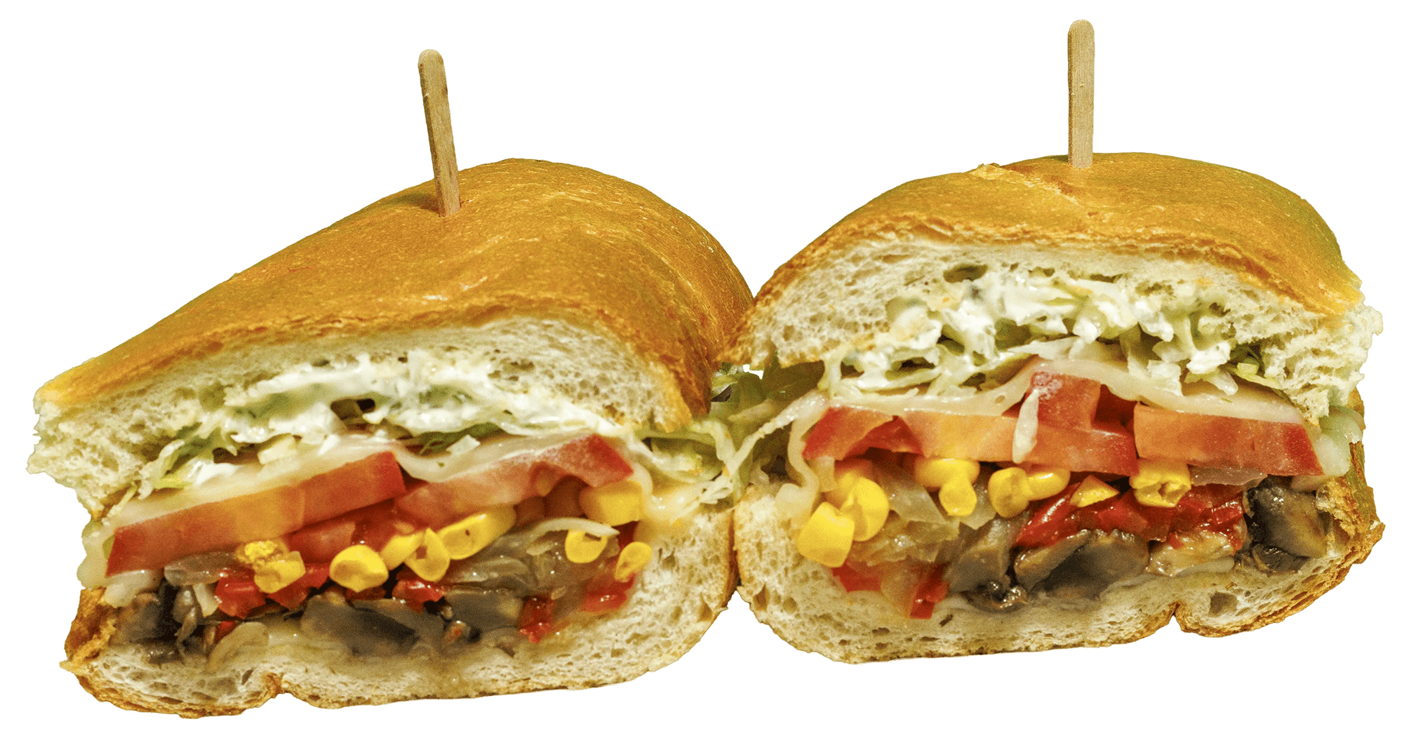 A hearty sub sandwich cut in half, revealing layers of cheese, tomato, corn, red peppers, mushrooms, and creamy coleslaw on a golden baguette.